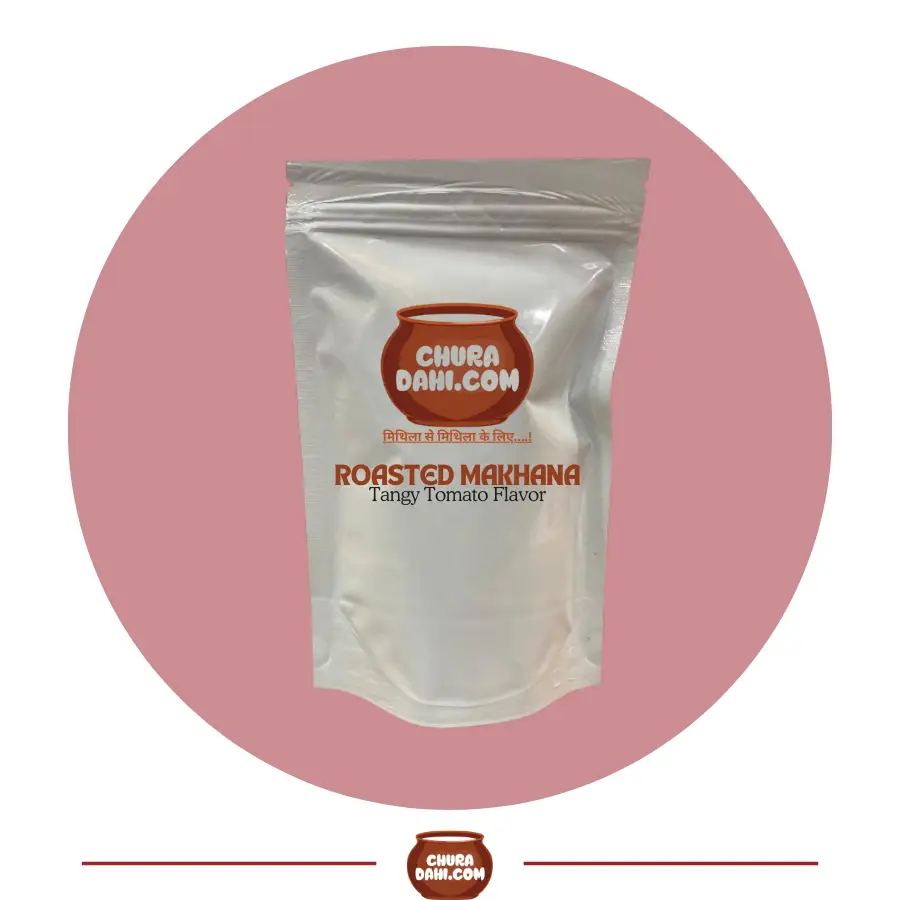 Roasted makhana with tangy tomato flavor, made with premium makhana, olive oil, and a blend of spices like red chili, amchur, and paprika extract. A healthy, low-calorie, and protein-rich snack for guilt-free enjoyment.