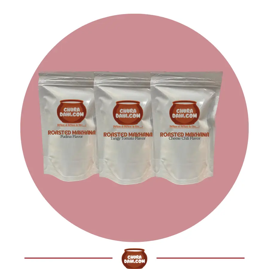 Pudina Flavor "Healthy roasted makhana with a refreshing pudina flavor, a perfect crispy snack for all occasions, rich in protein and gluten-free." Tangy Tomato Flavor "Delicious roasted makhana with tangy tomato flavor, a guilt-free snack ideal for health-conscious individuals, low in calories and high in nutrients." Cheese Chili Flavor "Savory roasted makhana in cheese chili flavor, a protein-packed crunchy treat with a spicy kick, perfect for any time snacking."